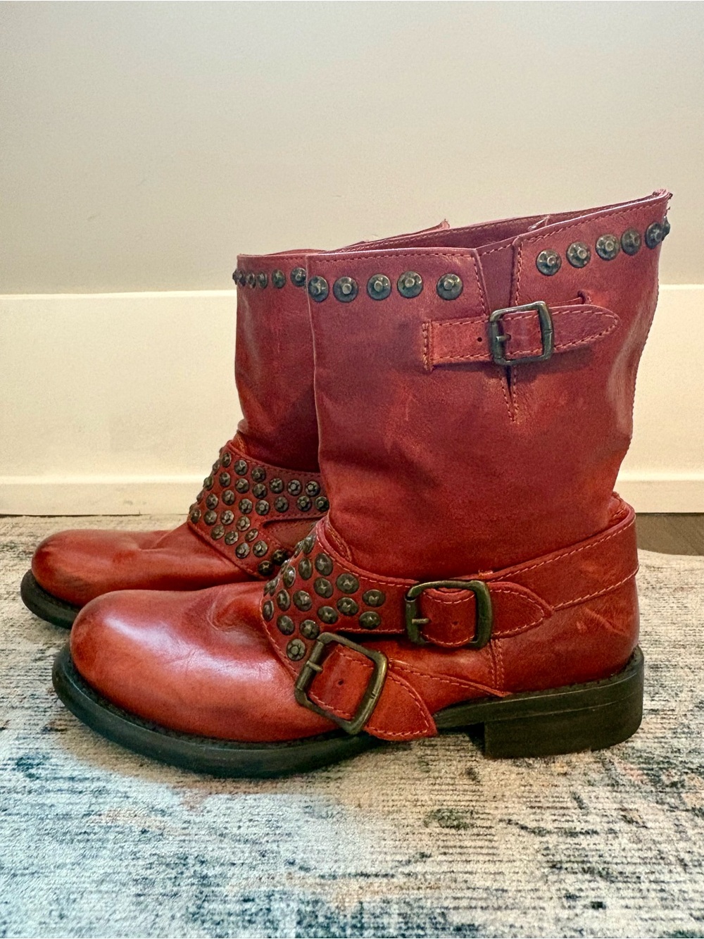 Frye Red Leather Studded Buckle Heeled Boots - Picture 1 of 1